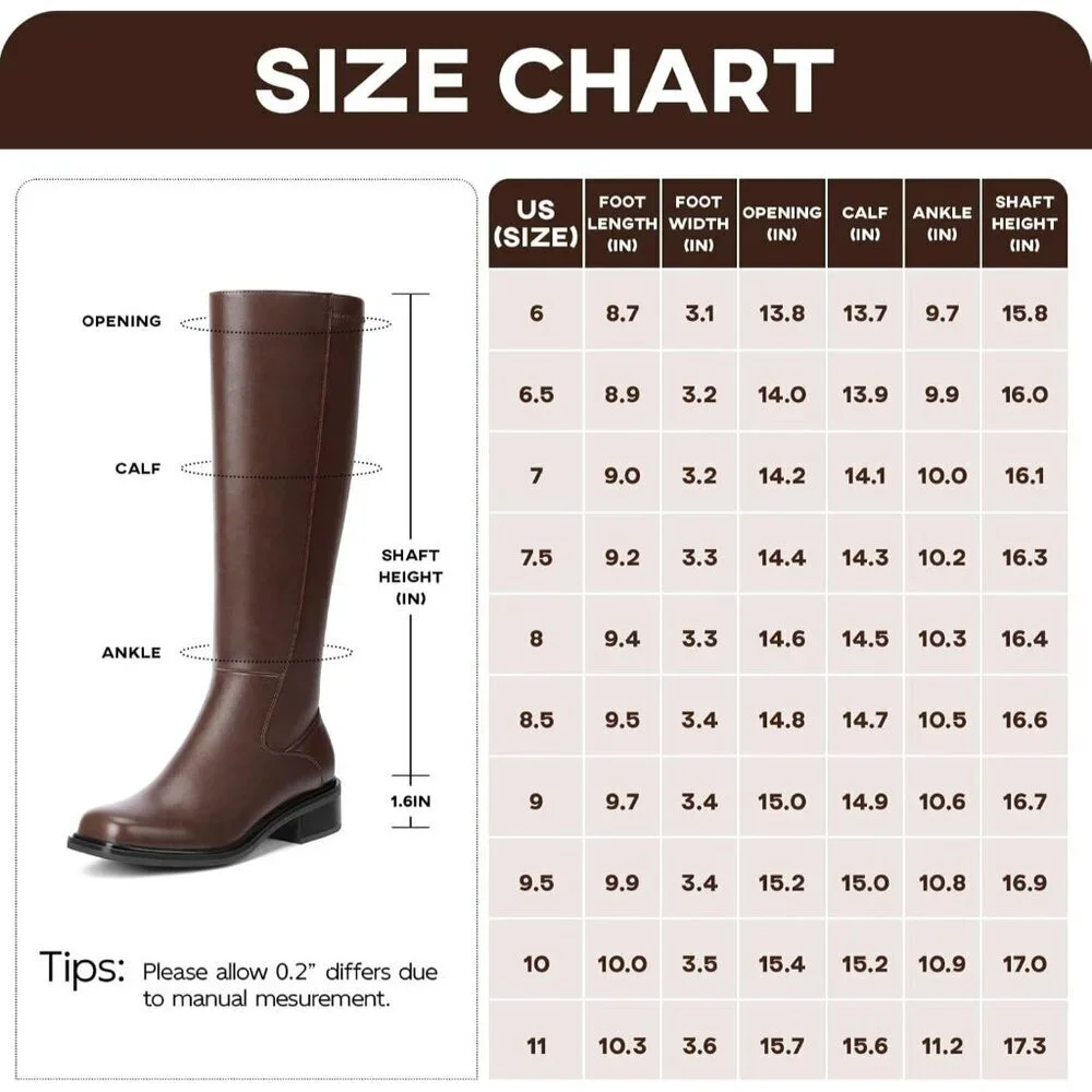 Women's Brown Low Heel Square Toe Tall Knee High Side Zipper Boots Faux Leather